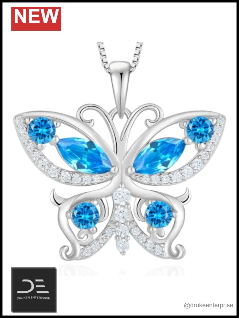 925 Sterling Silver Butterfly Pendant Necklace with Created Aquamarine